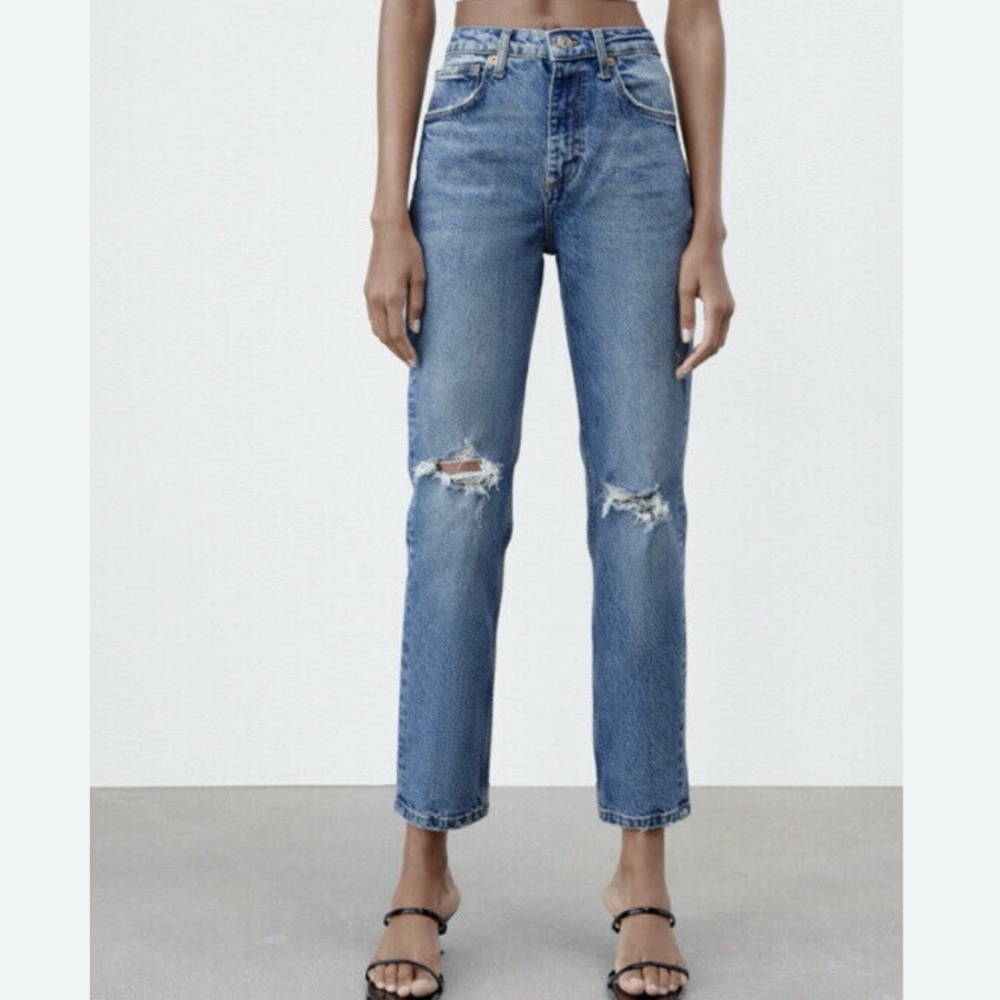 Zara Slim Fit High Waist Rise Ripped Distressed Jeans Light Blue